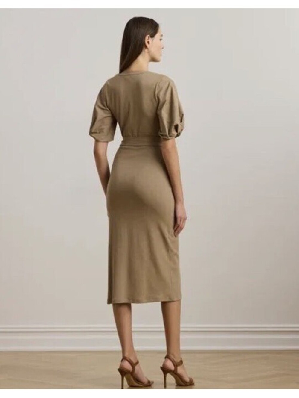 $165 Lauren Ralph Lauren Women's Belted Rib-Knit Puff-Sleeve Dress Tan Medium - Picture 3 of 15
